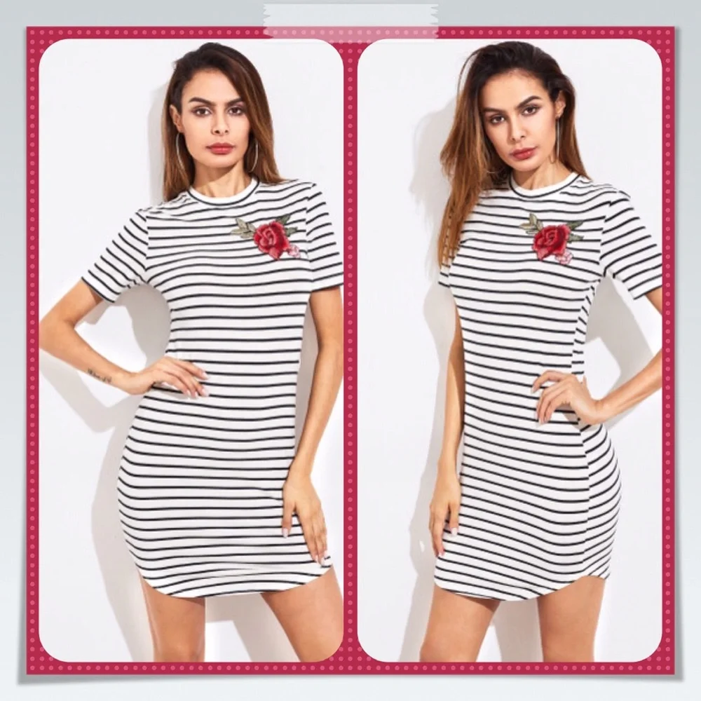 T Shirt Dress Striped Black & White Short Sleeve Embroidered Rose Size L NWT - Picture 2 of 5